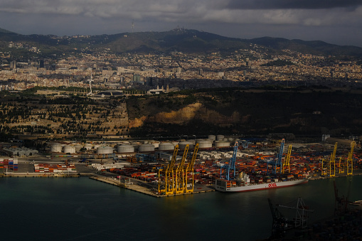 Barcelona, Spain on Oct. 1, 2021. Container cranes are seen at the Container Terminal.