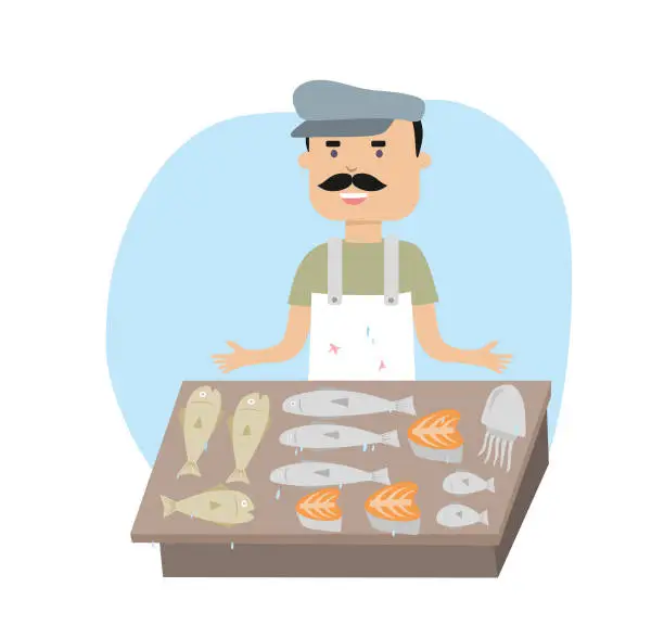 Vector illustration of Cartoon fish seller