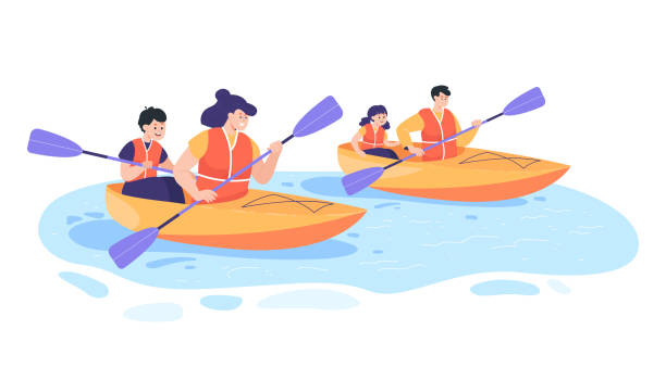 Parents kayaking with children on river or lake Parents kayaking with children on river or lake. Persons with kids rafting on kayaks with paddles or oars flat vector illustration. Family, summer, active lifestyle concept for banner, website design rafting kayak kayaking river stock illustrations