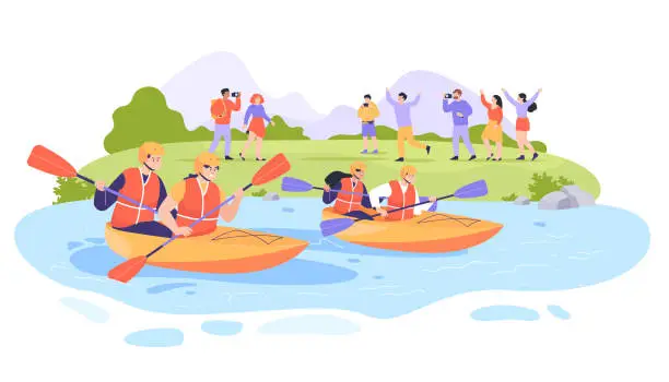 Vector illustration of Cartoon people on river bank watching kayak race