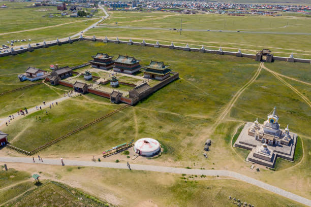 Kharkhorin Erdene Zuu Monastery Aerial view of the Kharkhorin Erdene Zuu Monastery "nin Kharkhorin (Karakorum), Mongolia. Karakorum was the capital of the Mongol Empire between 1235 and 1260. karakoram range stock pictures, royalty-free photos & images