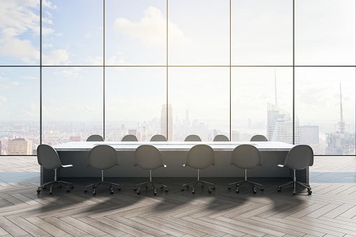Contemporary concrete and wooden meeting room interior with bright panoramic window with city view and furniture. Workplace and boarding concept. 3D Rendering
