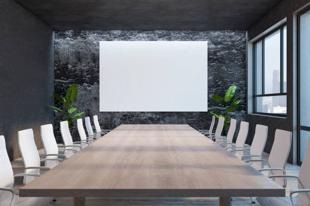 istock Creative designer stone meeting room interior with empty white mock up poster on wall, wooden table, chairs, decorative plants and window with city view. Boarding and presentation concept. 3D Rendering. 1401742656