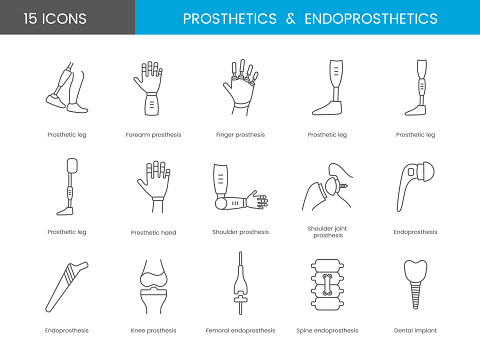 A set of line icons prosthetics in vector. The illustrations prosthetic arms and legs, shoulder endoprostheses.
