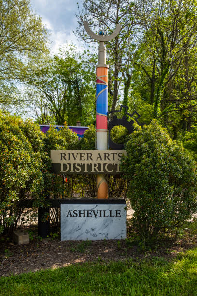 Asheville, North Carolina USA - May 5, 2022: The River Arts District welcome display in this popular small town visitor destination in the Blue Ridge mountains.