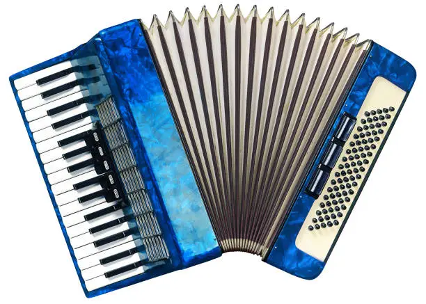 Old blue accordion isolated on white