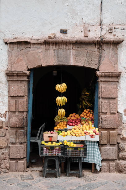 Fruit sale in Cusco, Peru. stock photo