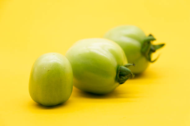 green unripe tomato isolated on yellow background.