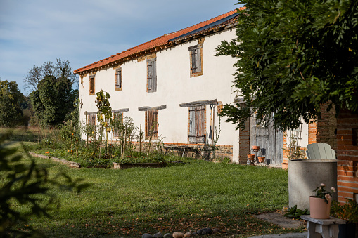 A wide angle view of a French holiday home with a vegetable patch in front of it with out of season sunflowers.