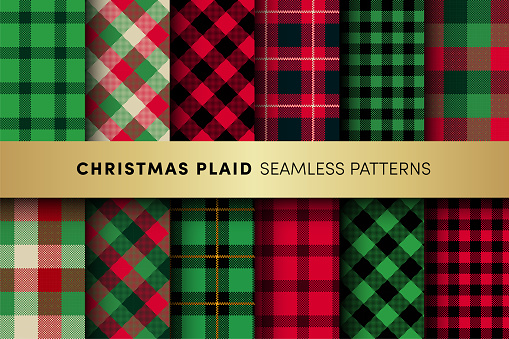 Christmas Plaids seamless pattens set. Vector Checkered, Buffalo, Tartan red and green plaids textured background. Traditional fabric print collection. Holiday plaid texture for fashion, print, design