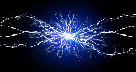 Blue and white energy with electrical electricy plasma power crackling fusion