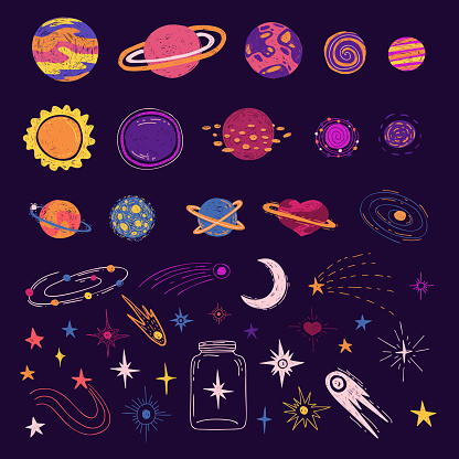 Set of cute cartoon planets, space bodies, stars. Print design with stars, planets, constellations and universes. Vector.