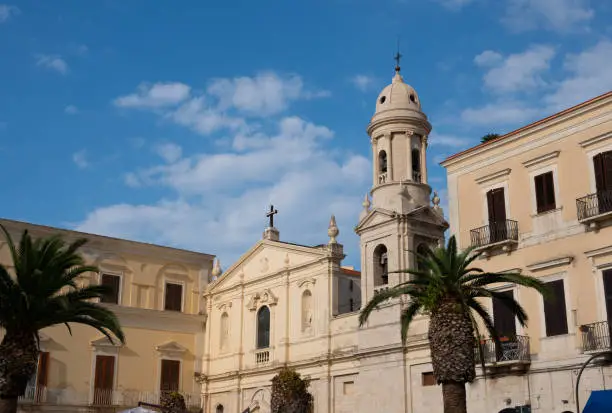Trani, Puglia, Italy. August 2021. Beautiful view of the Carmelite church, palm trees on the square in front of the church. Beautiful summer day.