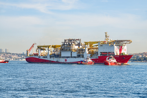 Istanbul, Turkey - September 20, 2021: Awesome view of Yavuz in the Bosporus. The Turkey-flagged ultra deepwater drillship owned and operated by the state-owned Turkish Petroleum Corporation (TPAO).