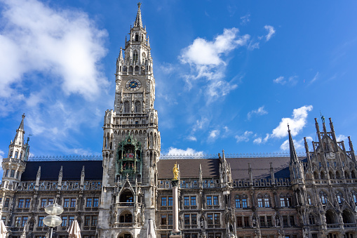 famous new town hall in Munich Germany in Marienplatz .