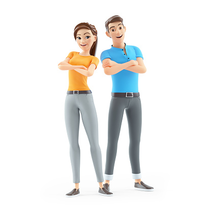 3d man and woman with arms crossed, illustration isolated on white background