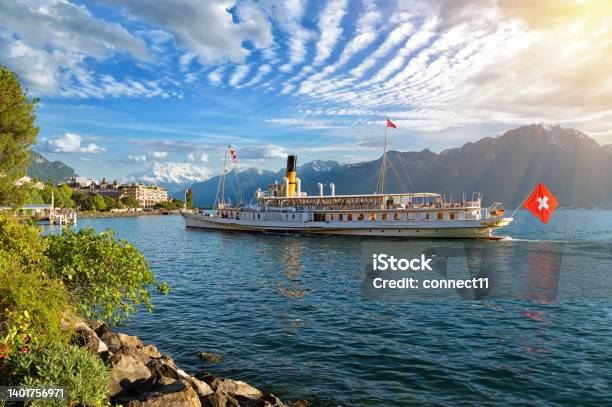 Beautiful Summer Evening Landscape Of Lake Geneva In Montreux Switzerland Stock Photo - Download Image Now