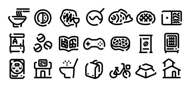Japanese modern culture icon set (Soft bold line version) This is a set of Japanese modern culture icons. This is a set of simple icons that can be used for website decorations, user interfaces, advertising works, and other digital illustrations. pachinko machine stock illustrations