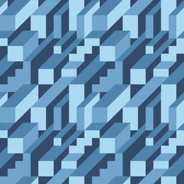 Vector illustration of Blue abstract geometric background vector seamless pattern with 3D volume effect. Website backdrop. Building city construction. Blocks structure. Graphic illustration.