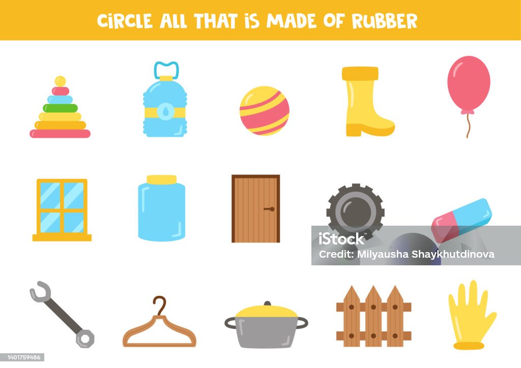 Soft Ruber Objects Find All Rubber Objects Educational Worksheet For Children Stock ...