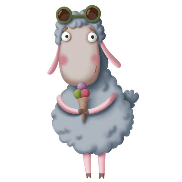 istock Cute cartoon grey sheep holding ice cream in her hands 1401760574