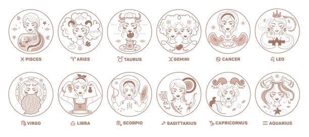 Vector set of Zodiac women signs, housekeeping, constellations golden color on a white background. Logo, tattoo or illustration. Vector set of Zodiac women signs, housekeeping, constellations golden color on a white background. Logo, tattoo or illustration. Astrological forecast, horoscope for a single sign. female scorpio tattoos stock illustrations