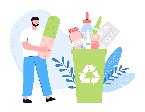 Male character collects medical supplies in trash can. Waste pollution concept. Small man carries medicines to trash can. Waste bin for expired medicines. Garbage bin for drugs.