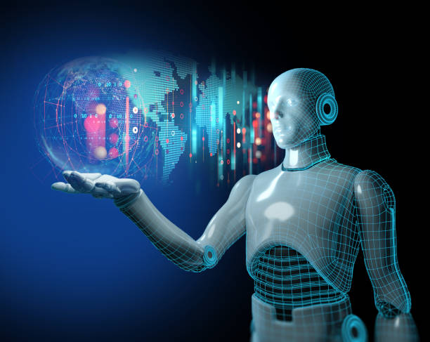 istock 3d illustration of cyber robot human extend hand to interact with something. 1401763011