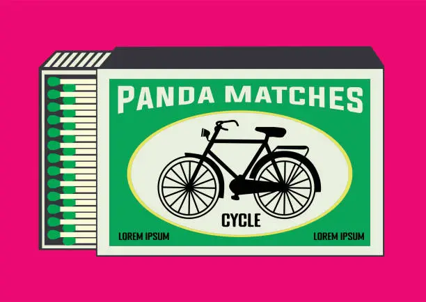 Vector illustration of Cycle vector icon. illustration in Matchbox and matches vector illustration. Vintage and antique matchbox packaging design illustration. retro style packaging. old style design. open box and template.