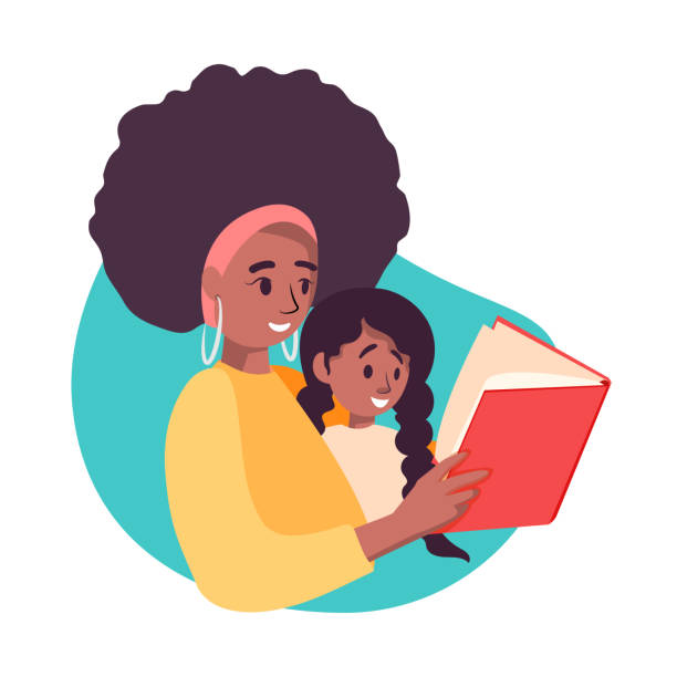 ilustraciones, imágenes clip art, dibujos animados e iconos de stock de vector mamá e hija leyeron libros juntas. ilustración de stock - child book reading offspring