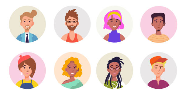 Vector Set of diversity man and woman portrait avatars Vector Set of different people avatar. Hand drawn flat style diversity people portrait. Young men and women, male and female faces teenager couple child blond hair stock illustrations