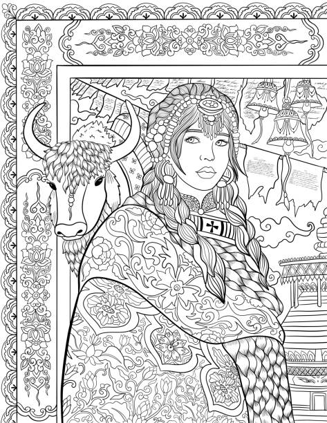 Tibetian woman adult coloring book page with yak animal and ornamental bakground Tibetian woman adult coloring book page with yak animal and ornamental bakground tibetan ethnicity stock illustrations