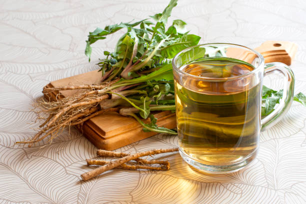 Dandelion herbal tea, dandelion leaves and roots on board stock photo