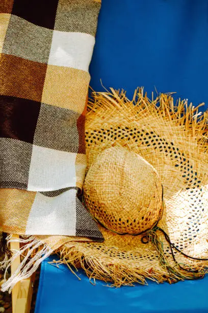 Photo of Straw hat lying on blue sun bed in sunshine, checkered beige rug is next to it. Vacation, summer life.