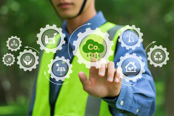 istock environmental engineering touching green CO2 icon and green icon on a green background. Renewable energy-based green businesses can limit climate change and global warming. Reduce CO2 emission. 1401766197