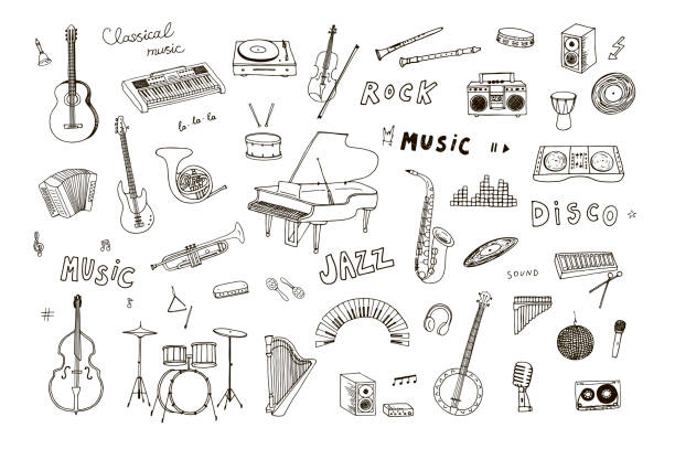 ilustrações, clipart, desenhos animados e ícones de ilustrações de instrumentos clássicos musicais definidas - percussion instrument