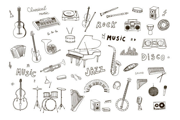 Musical classic instruments illustrations set Musical classic instruments drawing illustrations set harmonica stock illustrations
