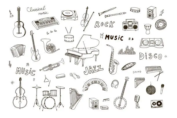 Vector illustration of Musical classic instruments illustrations set