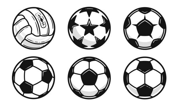 illustrations, cliparts, dessins animés et icônes de icônes de ballon de football vectorielles isolées sur fond blanc. ensemble de ballons de football vintage. éléments de conception pour logo, affiche, emblème. vieux ballon de football, ballon de football star. illustration vectorielle - ball