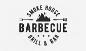 Barbecue Grill - vintage  concept.  of Barbecue, Grill, Smoke House with fire flame, grill fork and spatula. BBQ , poster, stamp template. Vector illustration