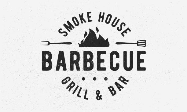 Barbecue Grill - vintage  concept.  of Barbecue, Grill, Smoke House with fire flame, grill fork and spatula. BBQ , poster, stamp template. Vector illustration Vector illustration chef cooking flames stock illustrations
