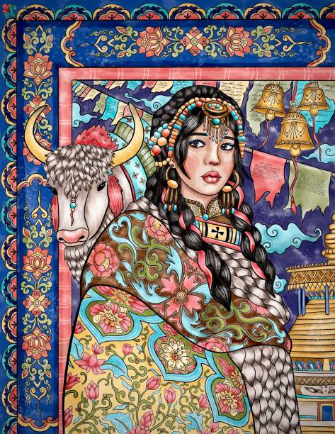 ilustraciones, imágenes clip art, dibujos animados e iconos de stock de mujer tibetana con vestimenta tradicional con yak y fondo ornamental, ilustración - tibet tibetan buddhism buddhism color image