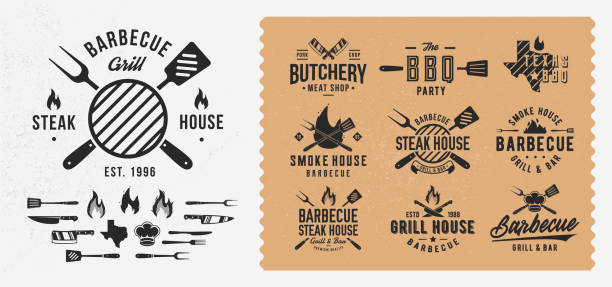 Vector Vintage Barbecue  set. Set of 10 bbq  templates and 14 design elements for BBQ, Butchery, Restaurant, Cooking class, Grill emblems. Trendy vintage hipster design. Vector illustration bakery silhouettes stock illustrations