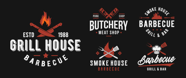 BBQ and Grill  set. Vintage barbecue emblems. Restaurant labels, emblems, . Vector  templates. Vector illustration chef cooking flames stock illustrations