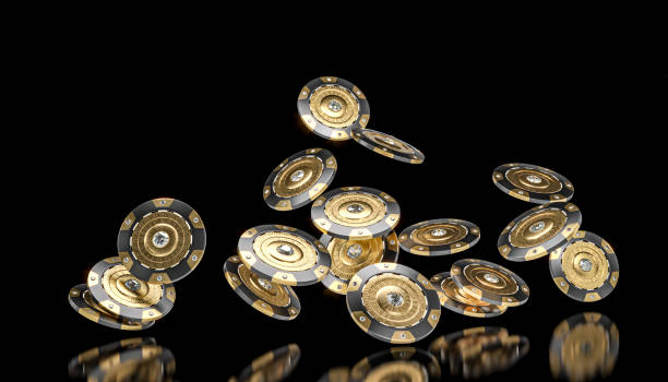 istock group of gold casino chips with diamonds on black. 1401770113