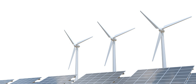Solar panel farms and wind turbine generators isolated on a white background. Copy space, banner, website -3d Rendering