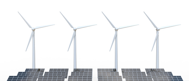 Natural Energy Concept. Solar panel farms and wind turbine generators isolated on a white background. copy space, banner, website- 3d rendering