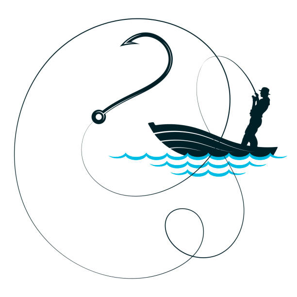 Fisherman with fishing rods in a boat and a big fishhook Fisherman in a boat. Man with a fishing rod in his hand. Large fishing hook on the line fish salmon silhouette fishing stock illustrations
