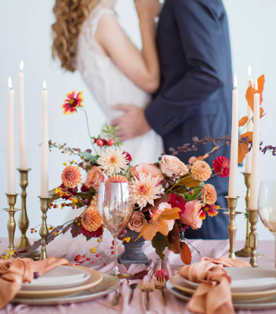 Autumn wedding, bride and groom dinner