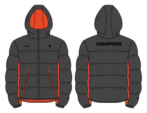 Vector illustration of Long sleeve puffa Hoodie jacket design flat sketch Illustration, Padded Hooded jacket with front and back view, Soft shell winter jacket for Men and women for outerwear in winter.